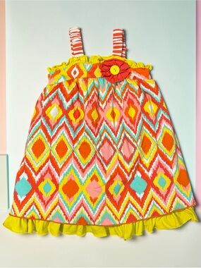 Rare Editions Coral, Yellow and Aqua Diamond-Print Sundress with Ruffle